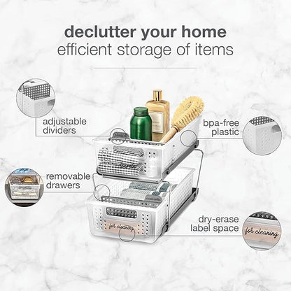 madesmart 2 Tier Bath Organizer, Undersink Storage with Sliding Drawers, for Cleaning Supplies, Pantry, Sponges, Bottles & Kitchen Essentials, Adjustable Dividers & Pull Out Sliding Baskets, Frost