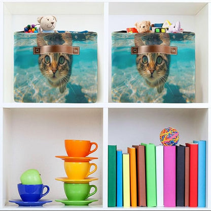 Large Storage Basket Cute Underwater Cat Storage Bin Cube Canvas Fabric Organizer Handles Collapsible for Clothes Toys Bedroom Decorative
