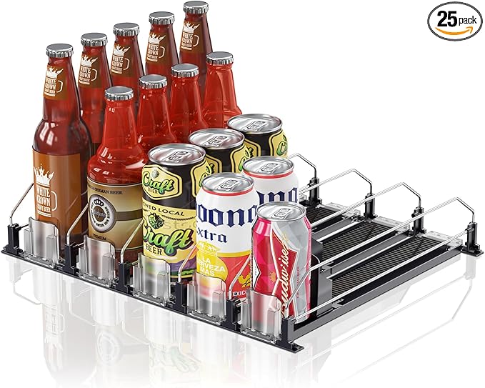 Drink Organizer for Fridge,12oz 16oz 20oz - Soda Can Dispenser for Refrigerator,Width Adjustable,Automatic Pusher Glide (Black, 15" D 5ROW, Holds 25 Cans)