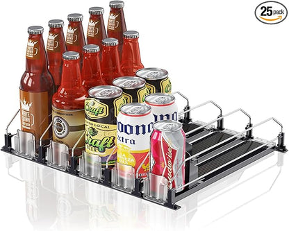 Drink Organizer for Fridge,12oz 16oz 20oz - Soda Can Dispenser for Refrigerator,Width Adjustable,Automatic Pusher Glide (Black, 15" D 5ROW, Holds 25 Cans)