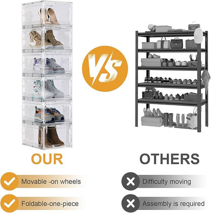 Shoe Box,Set of 6,Stackable Plastic Clear Shoe Box Organizer with Magnetic Door,Shoe Storage Box Thicken Sturdy,Easy Assembly,Fit up to US Size(Front opening door, Clear)