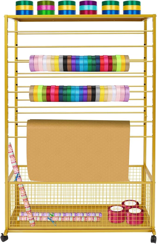16-Tier Double-Sided Ribbon Holder Organizer Rack with Storage Basket & Wheels, Multifunctional Flower Wrapping Paper Display Stand for Craft Rooms, Flower Shops (Gold, 39.37''W x 12.6''D x 59.06''H)