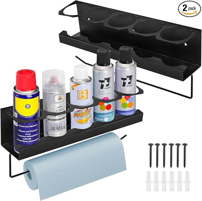 Cedilis 2 Pack Aerosol Spray Can Holder Rack with Paper Towel Holder, Wall Mounted Steel Spray Bottle Organizer, Black Spray Paint Can Holder for Garage and Workspace, Mounting Accessories Included