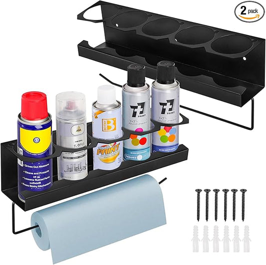 Cedilis 2 Pack Aerosol Spray Can Holder Rack with Paper Towel Holder, Wall Mounted Steel Spray Bottle Organizer, Black Spray Paint Can Holder for Garage and Workspace, Mounting Accessories Included