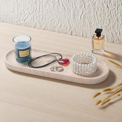 Oval Travertine Stone Tray for Jewelry, Candles, Perfume, Decorative Marble Bathroom Tray for Countertop Organizer 11.8inch x 6inch x 0.7inch