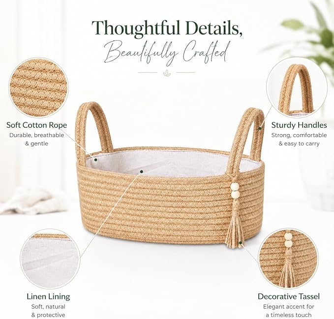 ABenkle Small Storage Basket, Jute Rope Woven Toilet Paper Tray Organizer for Toilet Tank Top, Boho Bathroom Decor Holder for Shelf Bedroom Living Room -13x6x4 Inches