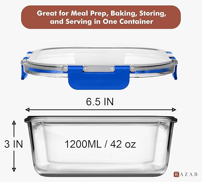 Razab 2 PC 1200ML / 41 Oz Glass Food Storage Containers with Lids - Airtight & Leakproof - Microwave/Oven/Freezer Safe - BPA Free - Ideal for Meal Prep, Storing Leftover & Lunch