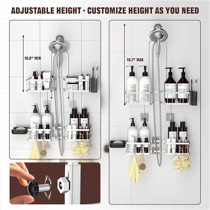 REINHARDT Adjustable Shower Caddy Hanging Rustproof Shower Caddy for Handheld Showerheads, Shower Organizer with Hooks Soap Holder, Anti-Swing Shower Rack Bathroom Accessories, Silver