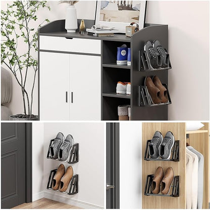 4 Pack Wall Mount Shoe Rack for RV Organization and Storage, Wall Shoe Storage Space Saving Organizer 4 Pairs of Shoes with Sticky Adhesive Strips Slim Shoe Rack for Camper Shoe Hanger Black