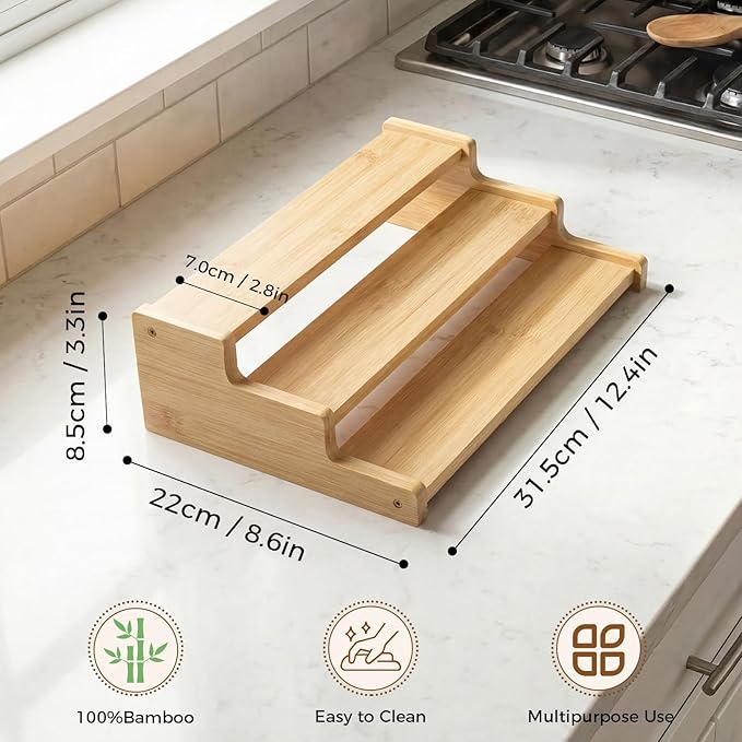 Organizer of Cabinet Special Seasoning, 12in Bamboo 3 Tiered Spice Rack，Used for Kitchen Countertops and Food Storage Room Organizer，Specially Designed for Jars and Spice Bottles (Bamboo, M)