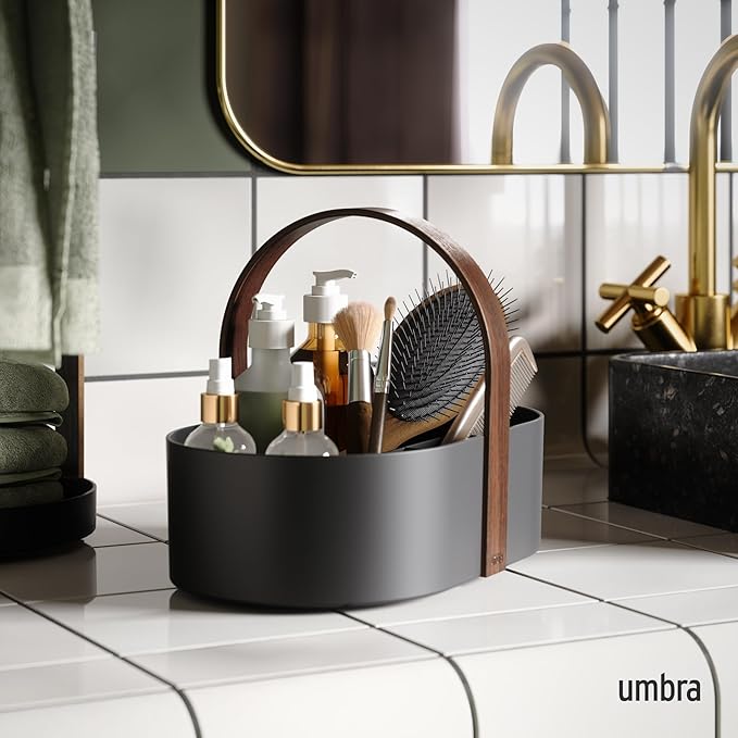 Umbra Bellwood Caddy, Organizer Bin for Makeup and Cosmetics, Durable Lightweight Container with Wooden Handle and Removable Dividers, Small Black/Walnut