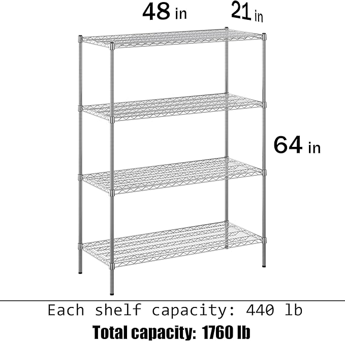 21" Deep x 48" Wide x 64" Height Wire Shelving Kit | 4-Tier | NSF Commercial Storage Rack Unit