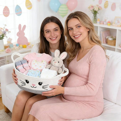Small Woven Storage Basket with Handle, Cute Cotton Rope Bunny Baskets for Gift Empty, Storage Basket for Toy Organizer