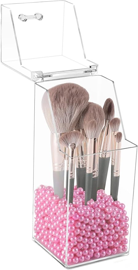 Sooyee Makeup Brush Holder,Makeup Brush Organizer with 8mm Pink Pearls,Dustproof Makeup Brush holder with Lid