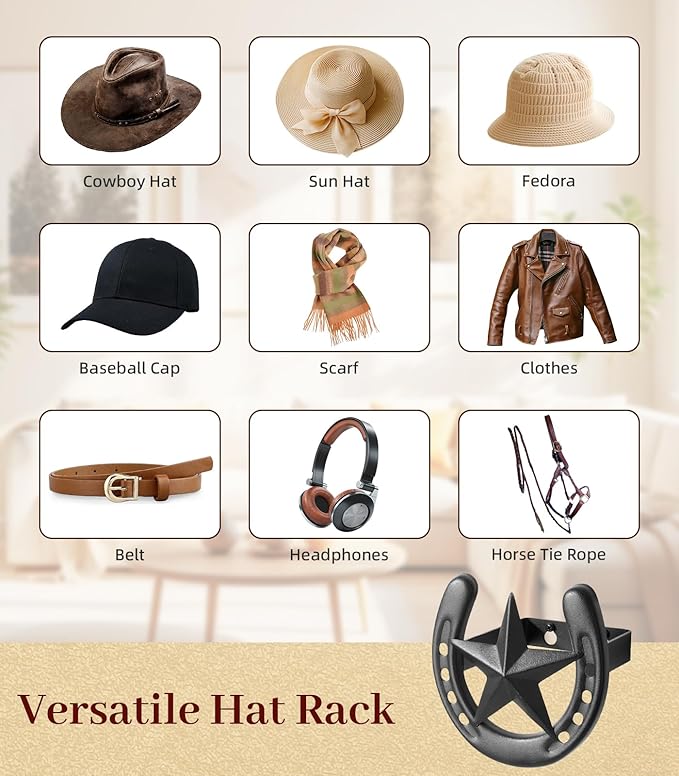 Cowboy Hat Organizer Wall Mount, 6 Pack Cowboy Hat Rack, Bridle Hook for Tack Room, Metal Horseshoe Hook, Horseshoe Decor, Western Hat Hook for Wall, Hat Holder for Entryway Closet, Western Gifts