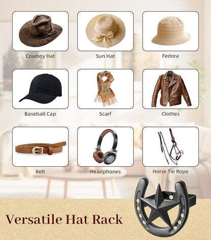 Cowboy Hat Hook for Wall, 4 Pack Cowboy Hat Rack, Metal Horseshoe Hanger, Hat Organizer, Western Hook for Wall, Hat Holder Display for Closet, Horse Supplies, Texas Gifts for Men, Black