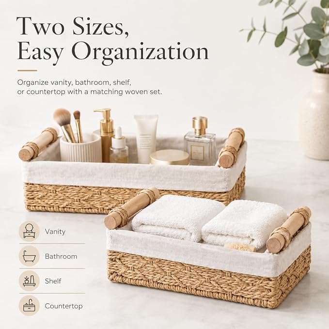 Wicker Bathroom Baskets Set of 2 with Linen Liner & Wooden Handles – Paper Rope Storage Baskets for Shelves, Bathroom Counter, Vanity & Farmhouse Décor