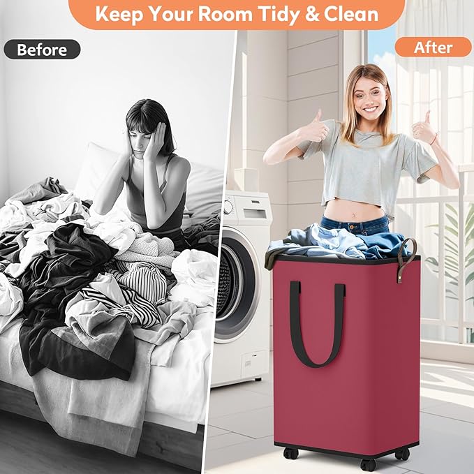 SpaceTrove Laundry Basket with Wheels, Collapsible Laundry Baskets, Laundry Hamper with Handles Detachable Wheels, Rolling Laundry Basket, Dirty Clothes Hamper for Bathroom, Dorm, Bedroom, Red, 80L