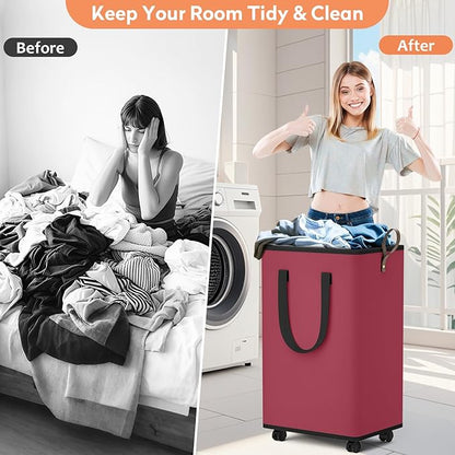 SpaceTrove Laundry Basket with Wheels, Collapsible Laundry Baskets, Laundry Hamper with Handles Detachable Wheels, Rolling Laundry Basket, Dirty Clothes Hamper for Bathroom, Dorm, Bedroom, Red, 80L