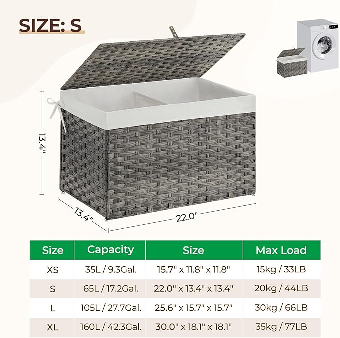 GREENSTELL Storage Basket with Lid, 17.2 Gallon(65L) Small Wicker Blanket Storage Basket with Handles, Foldable, 2 Removable Liner Bags, Metal Frame, for Bedroom, Laundry Room, Grey, 22.2"*13.4"*13.4"