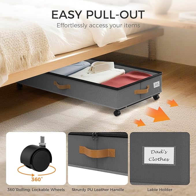 Under Bed Storage with Wheels 2-Pack, 75L XXL Under the Bed Storage Containers Large, 12" Tall Adjustable Storage for Underbed with Lids, Rolling for Shoes, Clothes, Blankets (Grey)