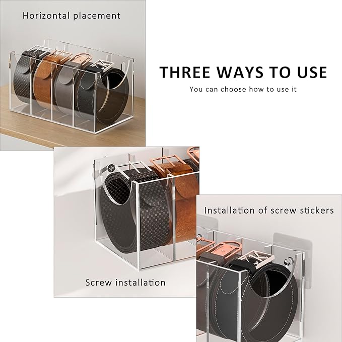Sezanrpt 5 Compartments Acrylic Belt Organizer, Clear Belt Display Case for Tie Organizer Wall Mounted