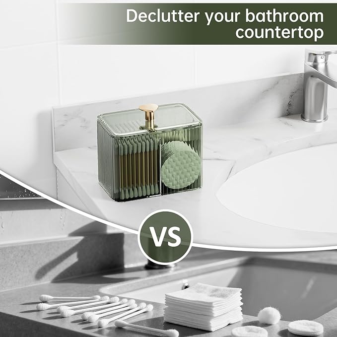 Q Tip Holder for Bathroom with 3 Compartments, Cute Clear Plastic Bathroom Container Jars Canister Dispenser with Lid for Cotton Swab, Ball, Pad, Round, Bathroom Organizer and Storage, Smoked Green