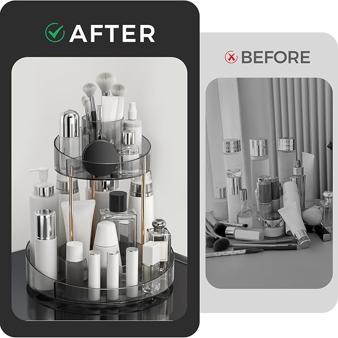 2 tier Makeup Organizer Countertop,360 Rotating Makeup Organizer for Skincare, Lipstick and Perfumes,Multi-function Cosmetic Display Cases for Vanity,Bathroom,Grey
