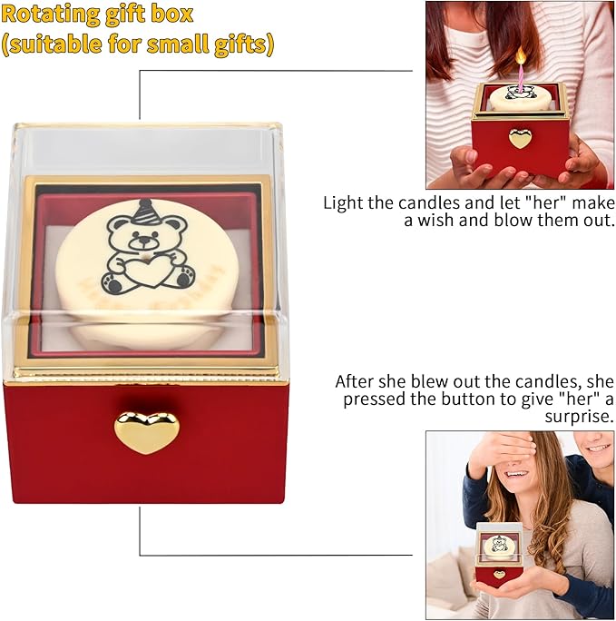 Rotating jewelry box, pop-up surprise gift box, romantic birthday surprise rotating necklace and ring box, Valentine's Day, birthday, anniversary, wedding gift (Red)