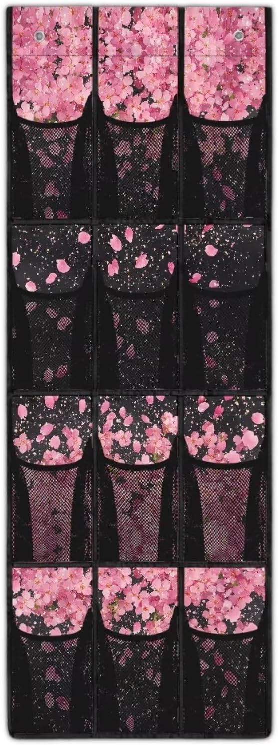 Cherry Blossom Behind Door Organizer 12 Pockets Over The Door Closet Organizer for BedRoom Space Saving Multi-Funtion Storage Bag for School Easy to Install Shoe Holder Hanger