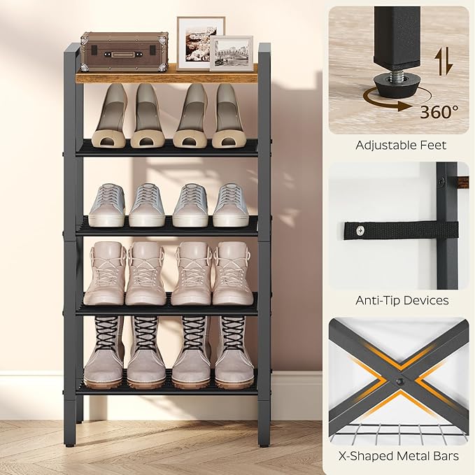 YATINEY 5-Tier Narrow Shoe Rack, Tall Shoe Rack for 5-10 Pairs, Slim Shoe Storage Organizer with Wooden Top, Space Saving, Metal Frame, for Entryway, Rustic Brown and Black SS65BR