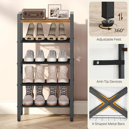 YATINEY 5-Tier Narrow Shoe Rack, Tall Shoe Rack for 5-10 Pairs, Slim Shoe Storage Organizer with Wooden Top, Space Saving, Metal Frame, for Entryway, Rustic Brown and Black SS65BR