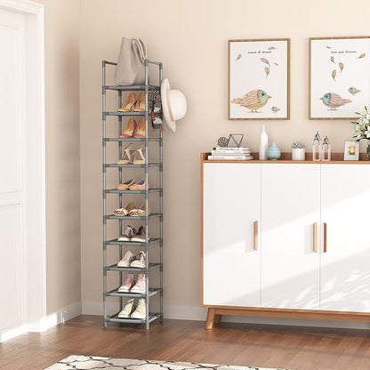 LANTEFUL Narrow Shoe Rack 10-Tier Tall Shoe Organizer Skinny Shoe Shelf Storage for 10-15 Pairs Shoe and Boot, Space Saving Corner Shoe Rack Organizer for Closet, Entryway, Living Room, Grey