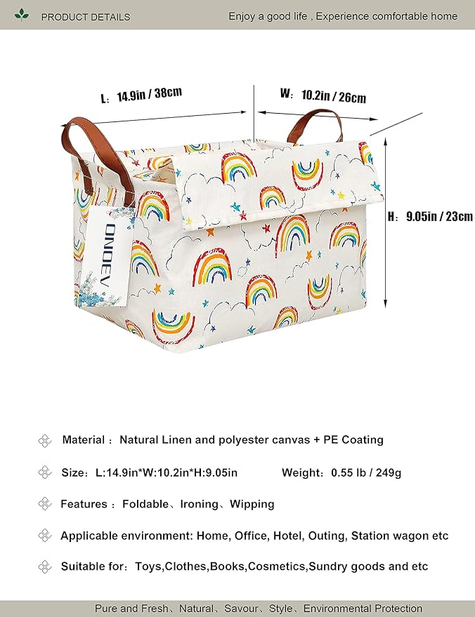 Rectangular Rainbow Storage Basket for Kids,Collapsible Fabric Toy Storage Bin with lid,Cute Cloud Star Pattern Organizer for Children's Room,Nursery,Playroom,Closet (Rainbow with lid)