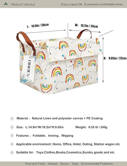 Rectangular Rainbow Storage Basket for Kids,Collapsible Fabric Toy Storage Bin with lid,Cute Cloud Star Pattern Organizer for Children's Room,Nursery,Playroom,Closet (Rainbow with lid)