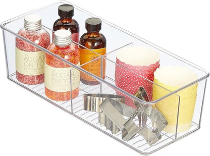 mDesign Plastic Kitchen Cabinet Storage Organizer Bin Box - 4 Divided Sections for Pantry Shelves, Countertops, Island, or Cupboard - Holds Snacks, Tea Bags, Spices, Sauces, Ligne Collection, Clear