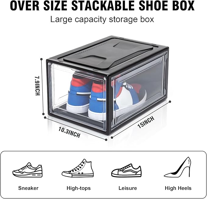 12 Pack Shoe Boxes, Clear Acrylic Plastic Shoe Boxes Stackable, Space-Saving Foldable Drop Front Shoe Storage Boxes Container for With Lids Fits Up to Size 15 (Dark Black)