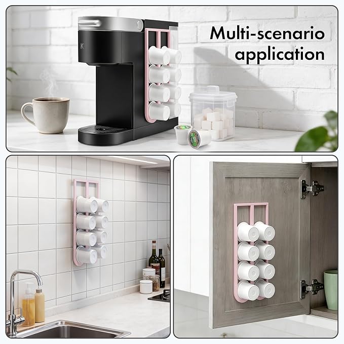 2Pcs Pink Coffee Pod Holder for Keurig K-Cup, Side Mount Storage Organizer, Wall Mount Design, Space Saving K cup holder, Perfect for Counters Small Space(2 Packs/for 16 K Cups)