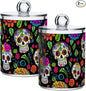 2 Pack Apothecary Jars Bathroom Colorful Dead Skulls Qtip Holder Dispenser Clear Plastic Storage Canister Jar with Lid for Cotton Ball, Cotton Swab