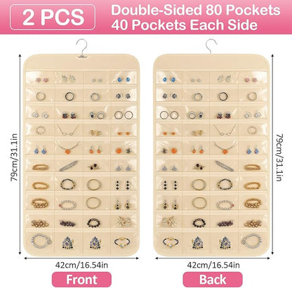 2 Pack Hanging Jewelry Organizer, 80 Clear Pockets earring organizer and storage, Accessories holder organizer for Closet, Jewelries, Necklace, Travel