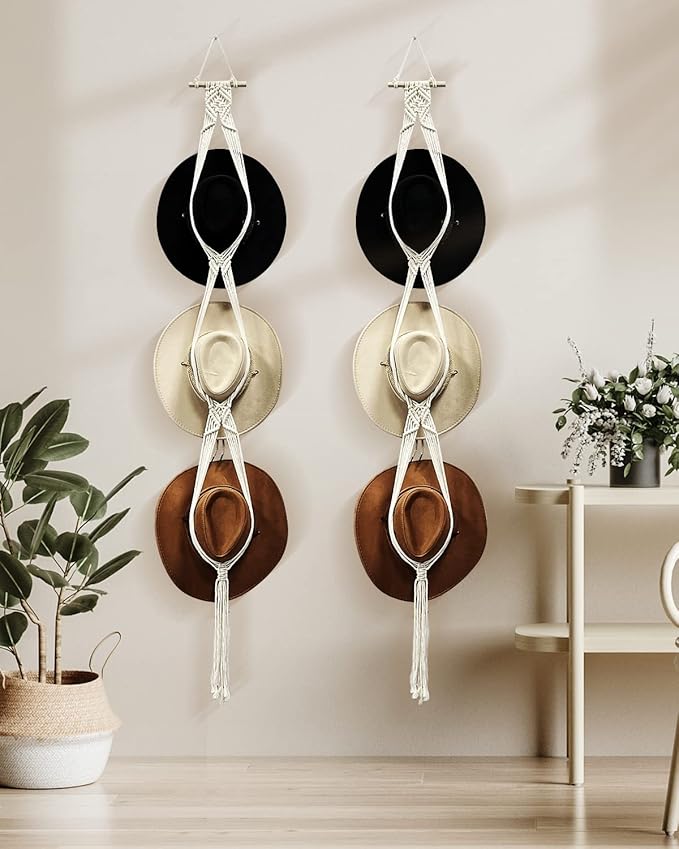 Gute Boho Macrame Hat Hanger Wall Hanging - 3 Hat Capacity Woven Organizer for Wide Brim, Fedoras, Sun Hat & Cowboy Hat Display (White)