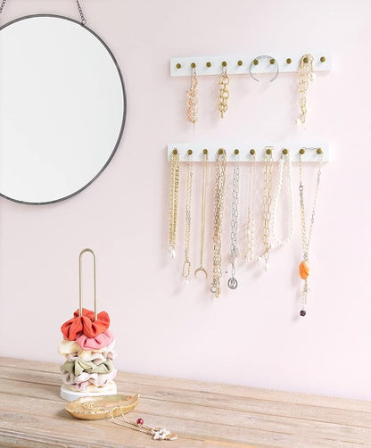 Mkono Necklace Holder Wall Mounted Set of 2 Wood Necklaces Hanger, Jewelry Organizer Hanging with 20 Metal Round Hooks, Jewelry Hooks for Necklaces, Bracelets, Chains, Keys,White