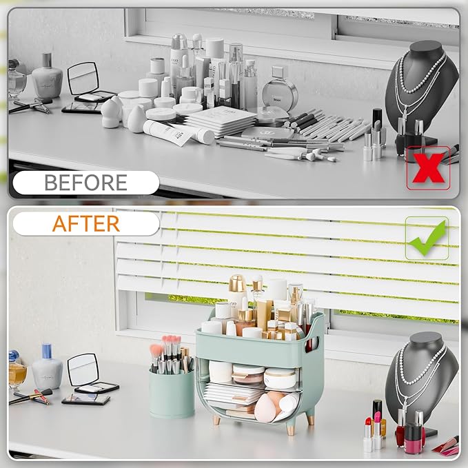 Yieach Green Make up Organizer for Countertop,Vanity,Large Capacity Bathroom Makeup Skincare Organizers With Brush Holder,Makeup Storage Organizer for Lotion,Beauty Products,Skin Care,Makeup Display