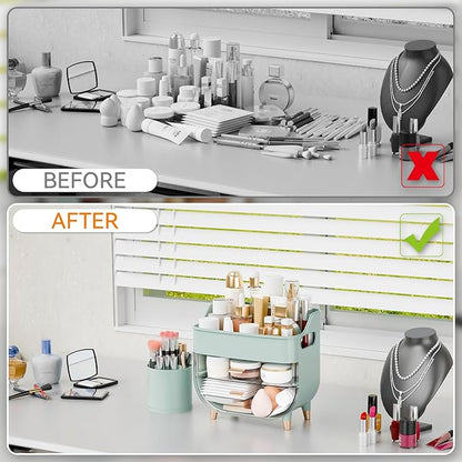 Yieach Green Make up Organizer for Countertop,Vanity,Large Capacity Bathroom Makeup Skincare Organizers With Brush Holder,Makeup Storage Organizer for Lotion,Beauty Products,Skin Care,Makeup Display
