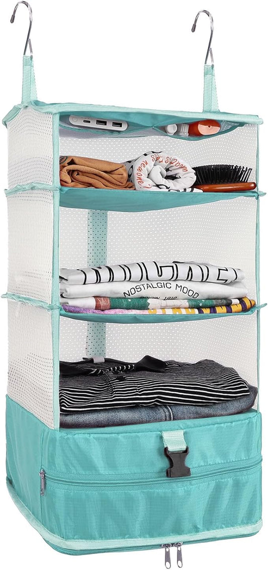 Surblue Hanging Closet Storage Bag Collapsible 3-Shelf Washable Oxford Fabric with 2 Hooks (L 11.41 * 11.41 * 19.68in, Aqua Blue)