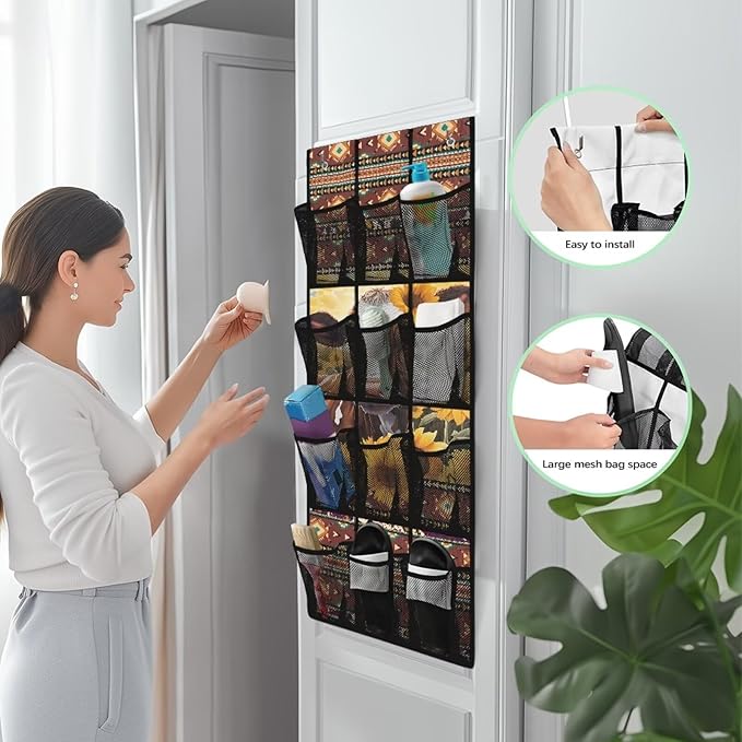 12-Pocket Over the Door Organizer, Transparent Mesh Compartments for Instant Visibility, Space-Saving Bathroom & Closet Storage,Aztec Cow