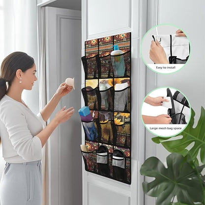 12-Pocket Over the Door Organizer, Transparent Mesh Compartments for Instant Visibility, Space-Saving Bathroom & Closet Storage,Aztec Cow