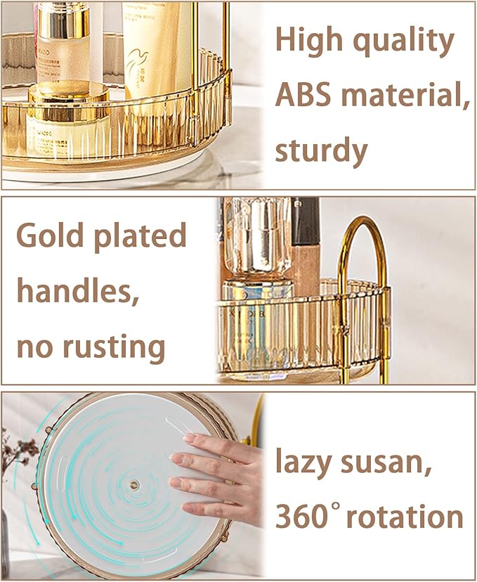 shuang qing Rotating Makeup Organizer for Vanity, High-Capacity Skincare Clear Make Up Storage Perfume Organizers Cosmetic Dresser Organizer Countertop 360 Spinning (Gold, 3 Tier)
