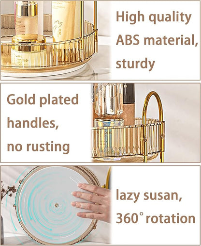 shuang qing Rotating Makeup Organizer for Vanity, High-Capacity Skincare Clear Make Up Storage Perfume Organizers Cosmetic Dresser Organizer Countertop 360 Spinning (Gold, 3 Tier)
