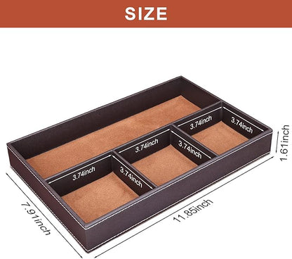 GORESE Faux Leather Valet Tray for Men, Stackable Jewelry Organizer for Drawers Inserts, Nightstand Caddy Tray for Key, Wallet, Sunglass, Watch, Coin, Phone, Bedside Desktop Storage Brown